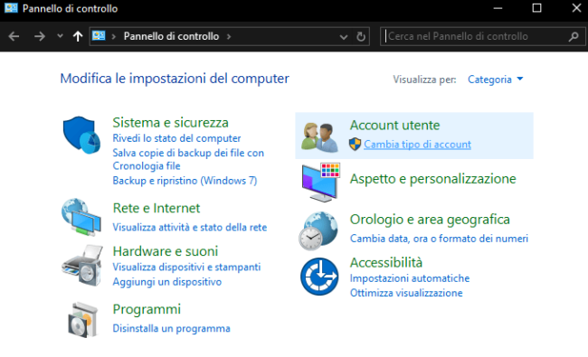 Pannello di controllo aperto Windows 10